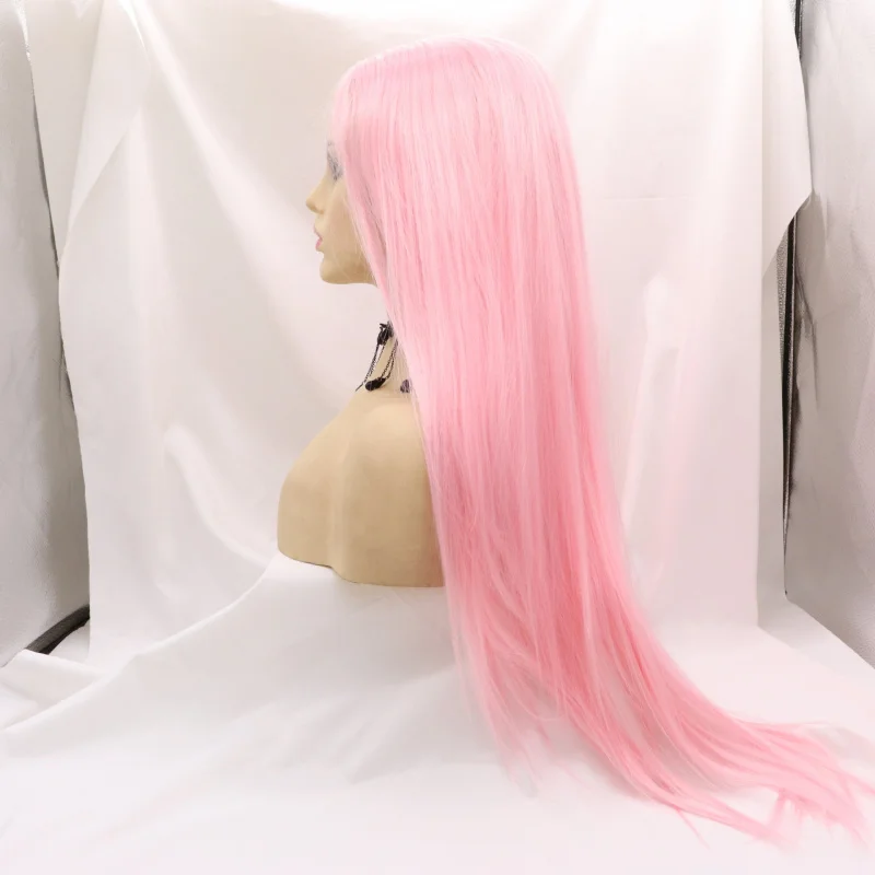 Pink synthetic fiber lace wig with middle parting and long straight hair