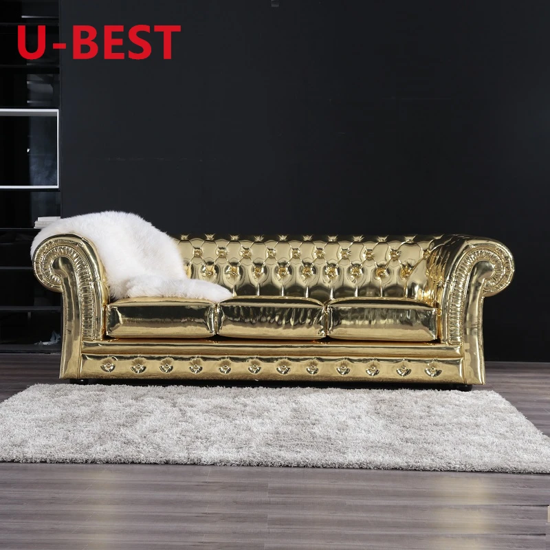 U-BEST francuski luksusowy 3 zestaw salon Chesterfield Sofa klasyczny salon akcent Sofa 3 osobowa złoty kolor Sofa