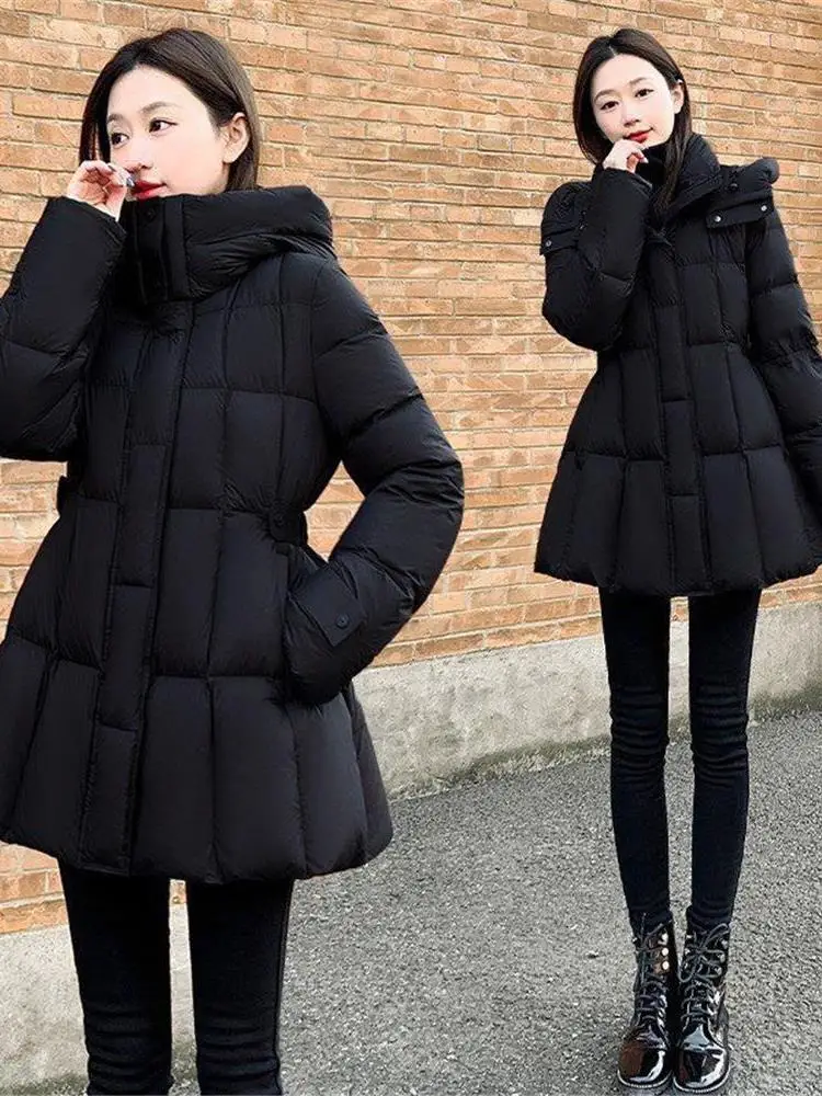 

High Quali White Du down Jaet Women's Winter Faionable Belted Korean Sle Warm Mid-Length Coat Long Sve Zipper