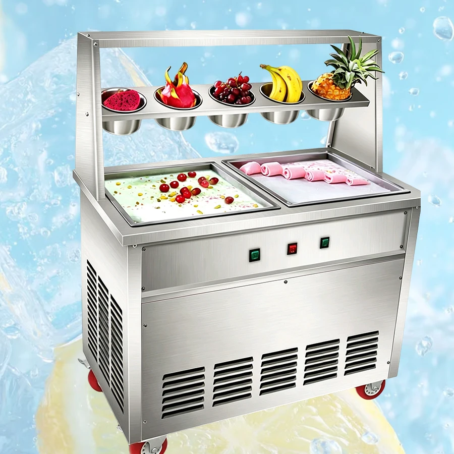 New Commercial Double Pot Stainless Steel Thai Ice Cream Roll Fryer with Casters 220V/110V