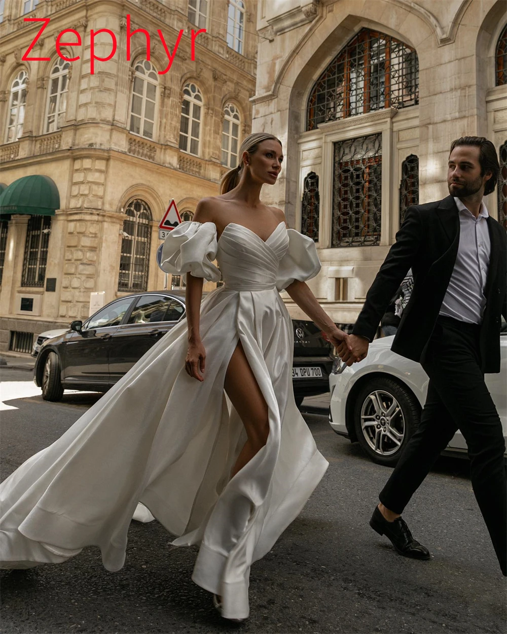 Vestido de novia de satén blanco elegante personalizado, exquisito, sin tirantes, manga desmontable, manga corta, tren capilla, vestidos de novia