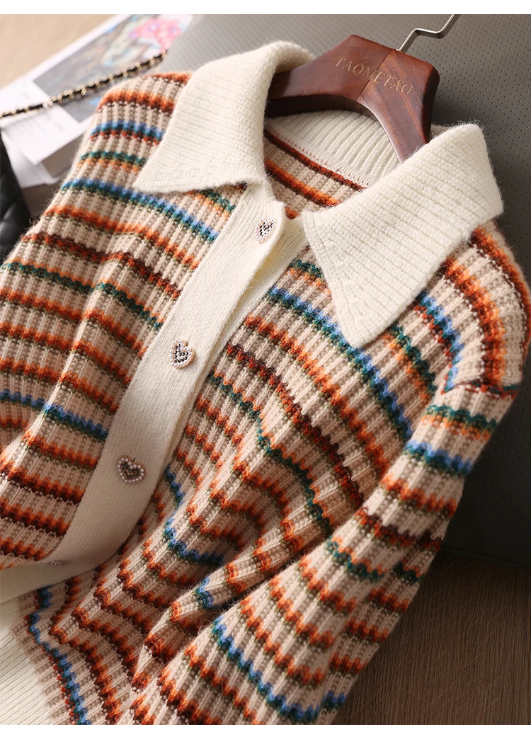 Frauen Kurze Gestreifte Strickjacke Frühling Herbst Bunte Streifen Pullover Mode Abnehmen Flip Kragen Einreiher Top