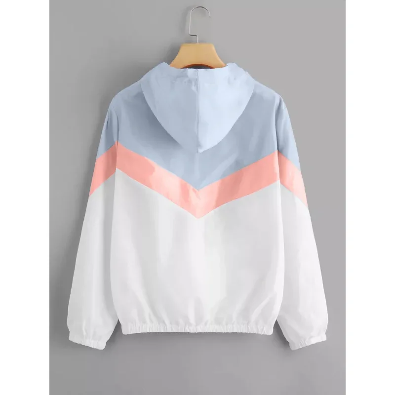 Fashion Hooded Windbreaker Jacket Women Elegant Color Block Patchwork Zipper Bomber Jacket Autumn Casual Coat Outerwear Raincoat