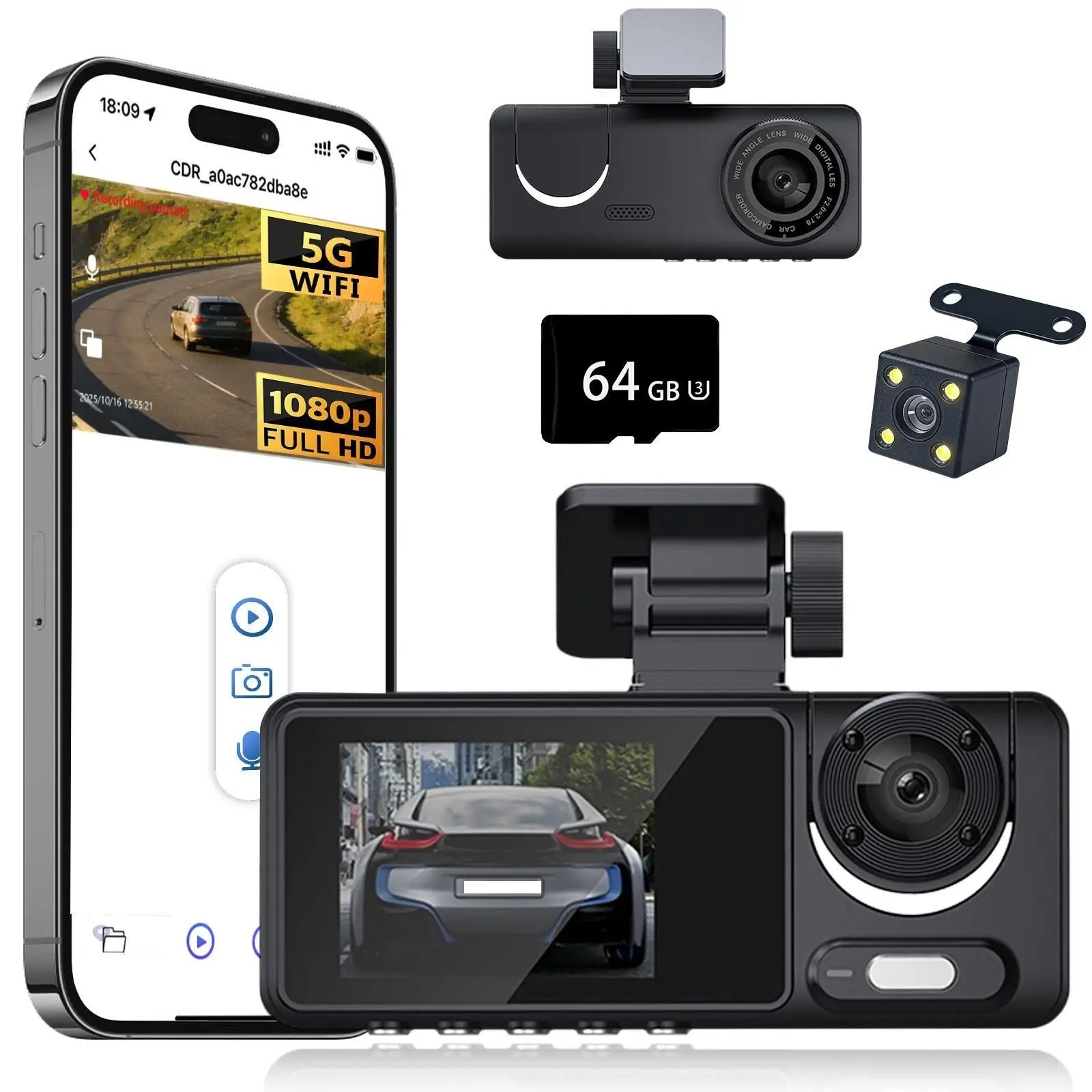 

3CH Dash Cam Front/Rear/Inside, 5.8GHz WiFi, Free 64&32GB Card, IPS, 1080P, Night Vision, 24H Parking, G-Sensor