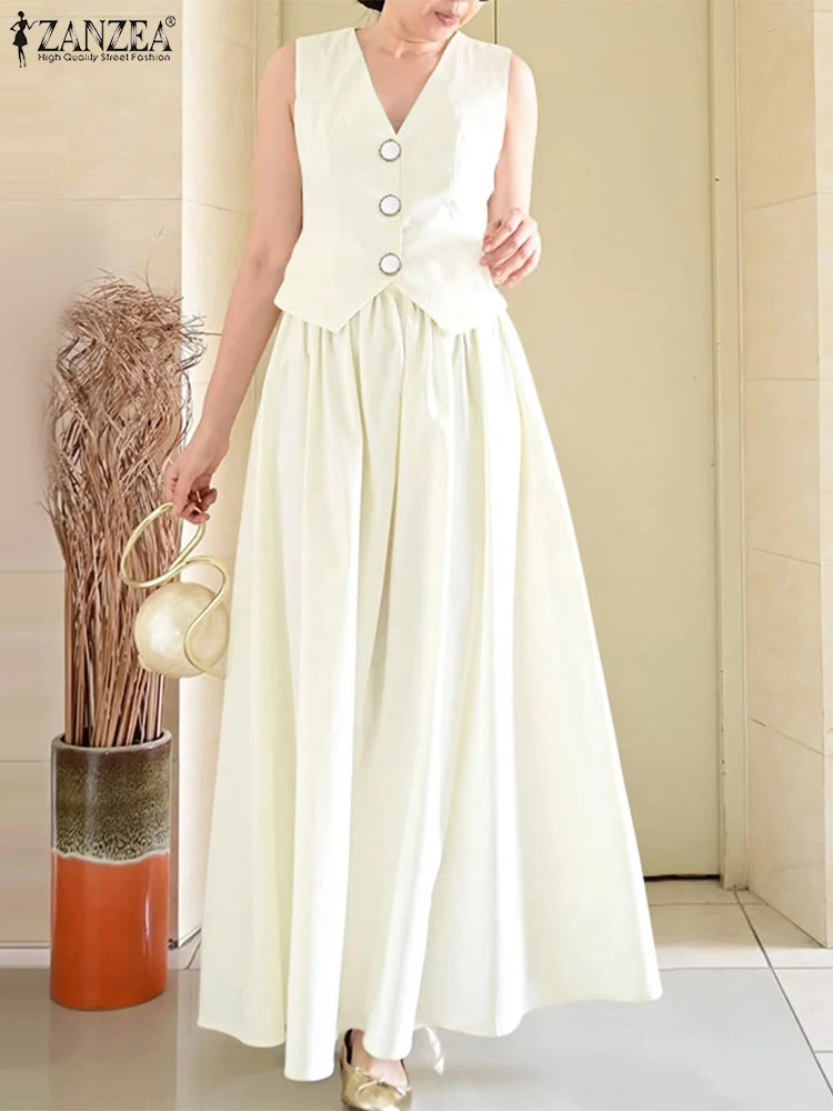 

Elegant Women Outfits Summer Two Pieces Sets ZANZEA 2PCS OL Work Dress Sets Fashion Sleeveless Vests Tops Solid Sundress 2025
