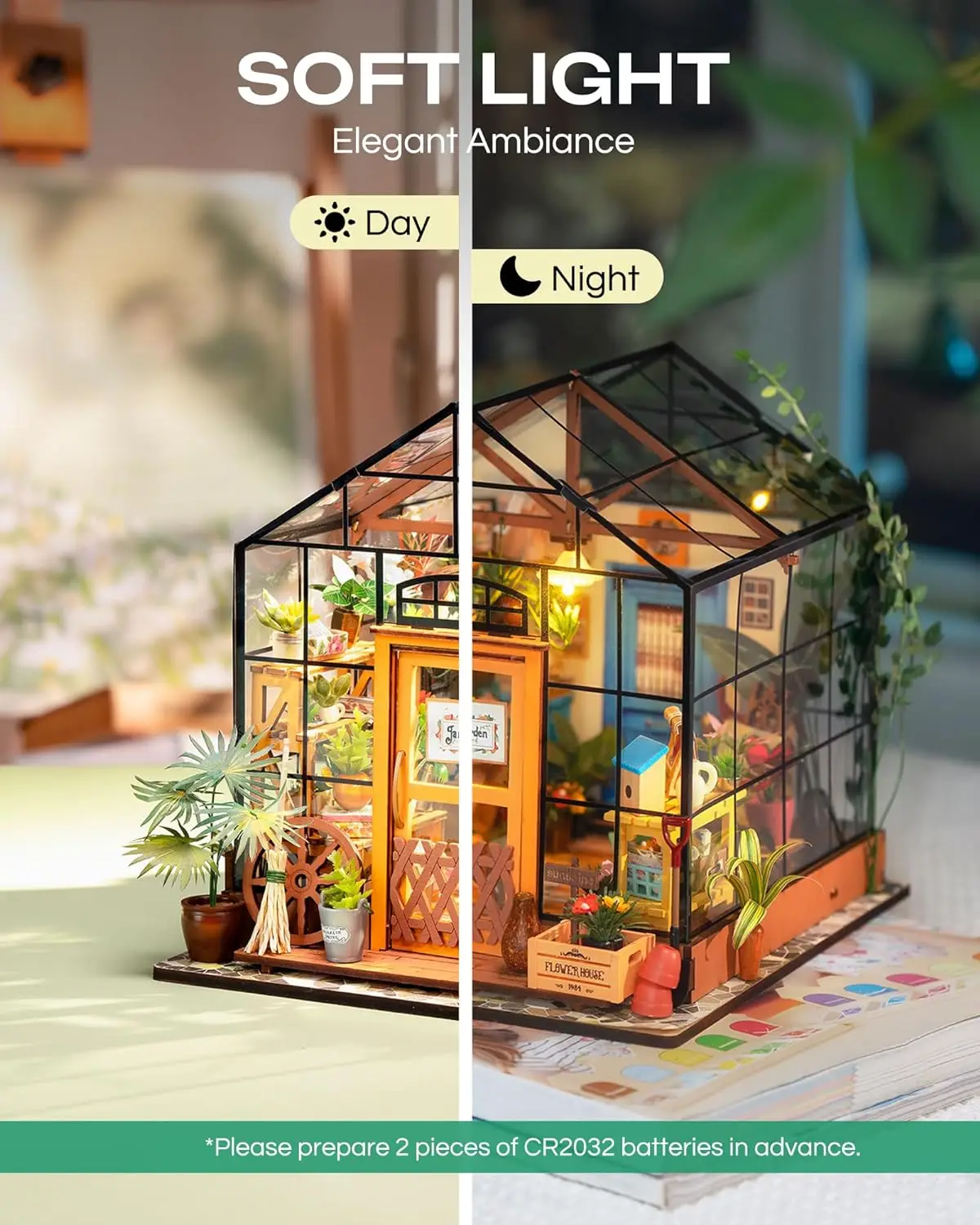 Rolife Mini Green House Cathy\'s Flower House DIY Dollhouse Wooden Miniature Furniture Kit with LED Best Birthday Gifts
