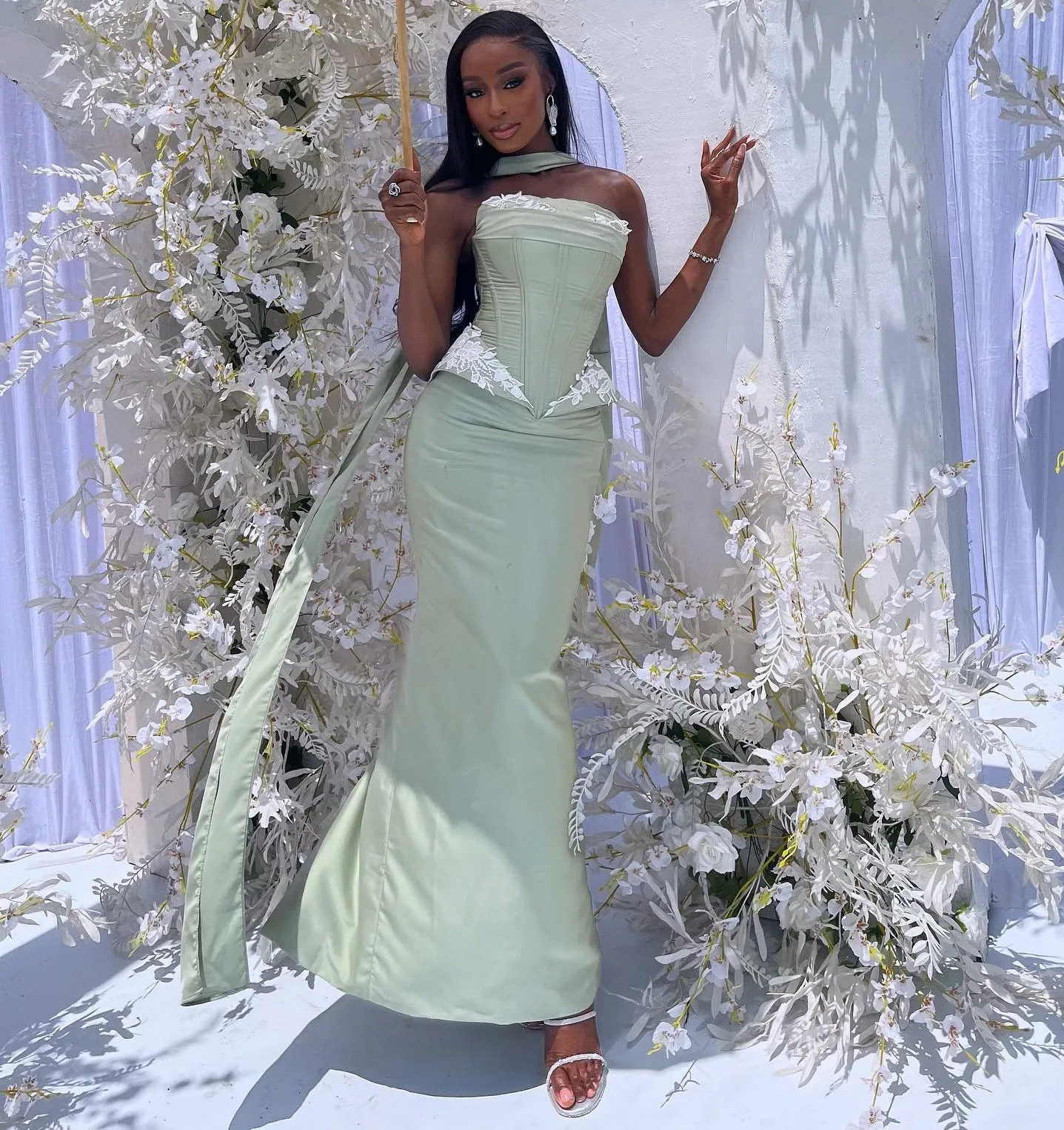 

Sage Mermaid Bridesmaid Dresses Strapless Appliques Peplum Corset Back Maid Of The Honor Gowns Satin Maxi Wedding Party Dress