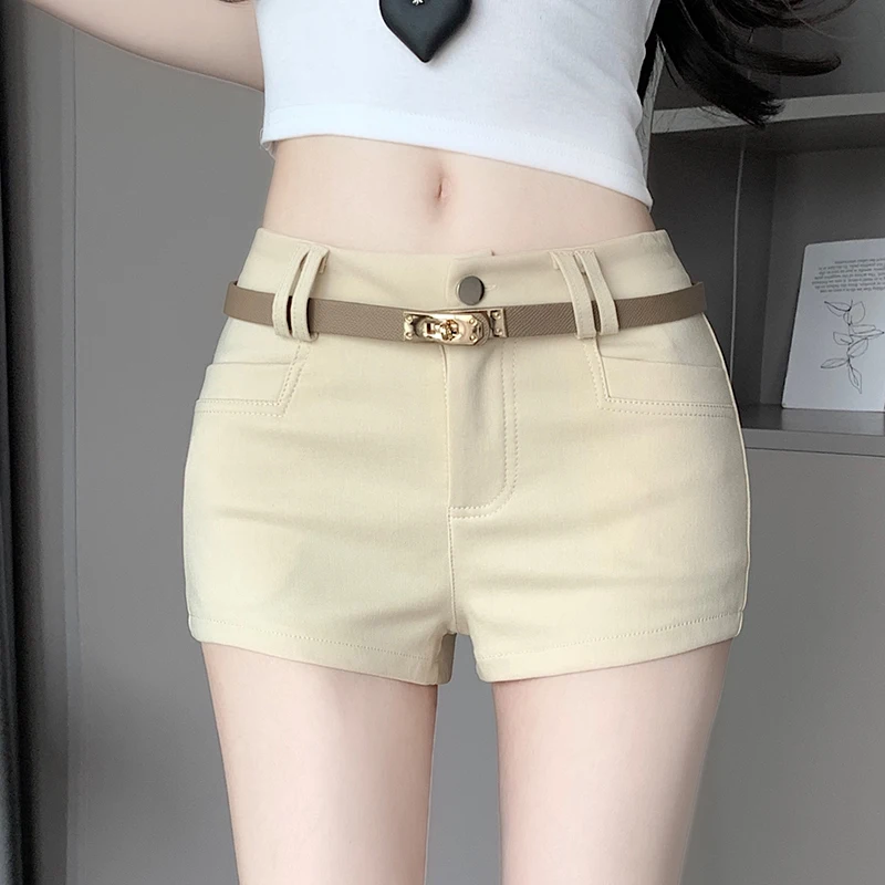

Эластичные популярные шорты облегающего кроя с высокой талией для девочек, женские шорты с поясом, летние, хаки, белые, черные облегающие повседневные шорты, женские модные S-XL