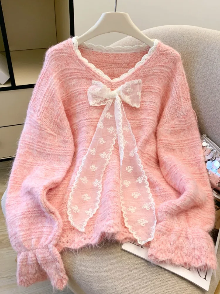 

Милый свитер с кружевной отделкой и v-образным вырезом, женский свободный трикотаж, осень-зима, новая корейская версия, украшенная узлами и бантами