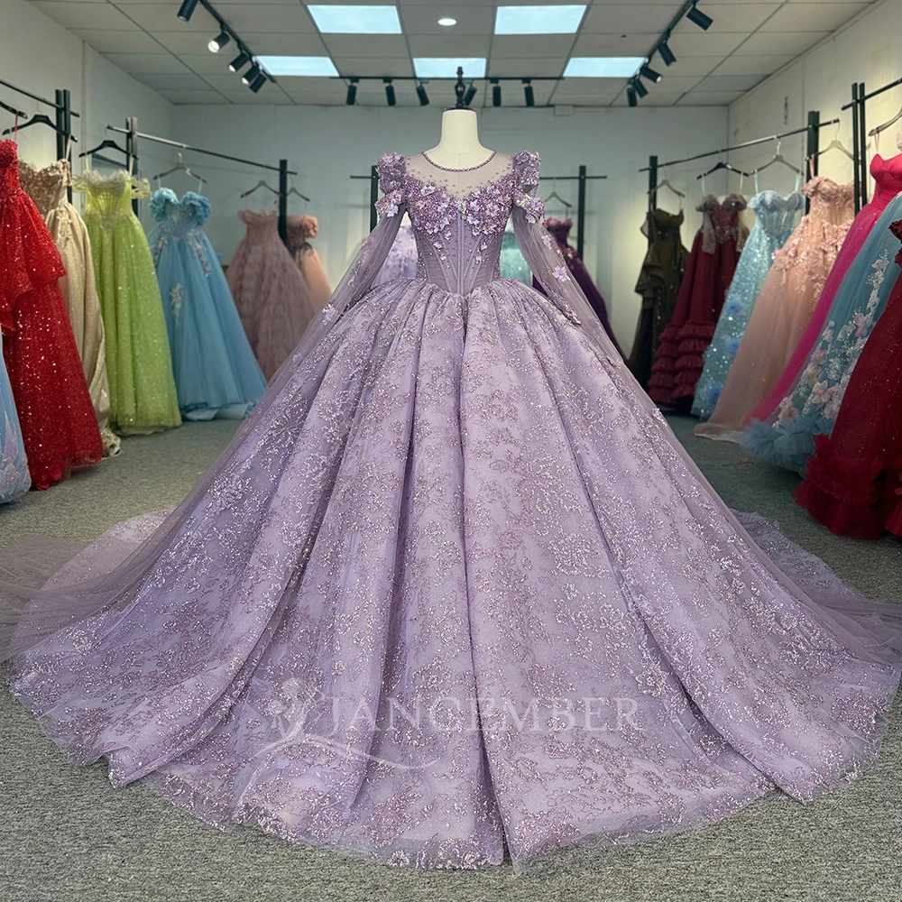 

Фиолетовое платье Quinceanera по индивидуальному заказу, бальное платье с 3D цветочной аппликацией, блестками, бисером, с длинными рукавами, корсет, платье de 15, quinceañera