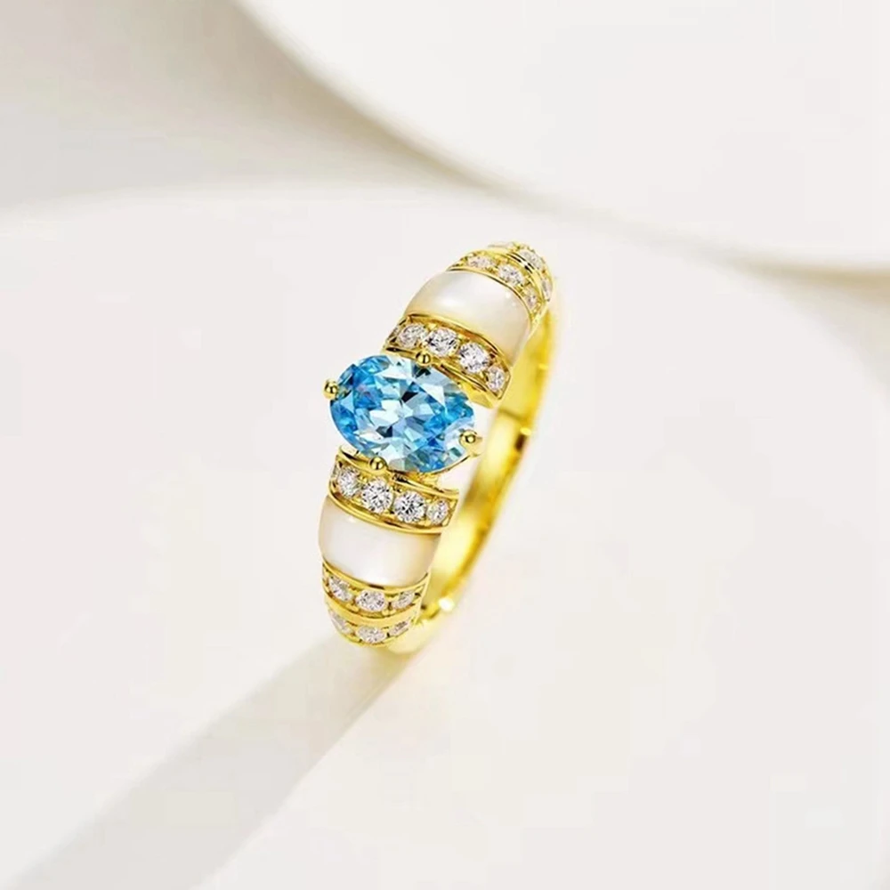 18K Gold Plated Vintage 925 Sterling Silver Oval Aquamarine Gemstone Fine Ring for Women Wedding Engagement Jewelry