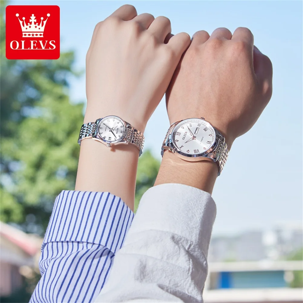 OLEVS Par de relojes automáticos para hombres y mujeres, relojes para él y para ella, conjunto de regalos, Tourbillon mecánico de cuerda automática, cara grande