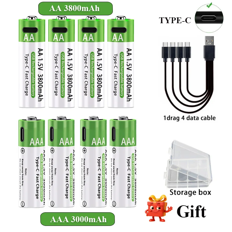 AA/AAA Rechargeable Battery 3000mAh/3800mAh Lithium Battery 1.5V Constant Voltage Fast Charging Type-C For Remote Mouse Toy Ect