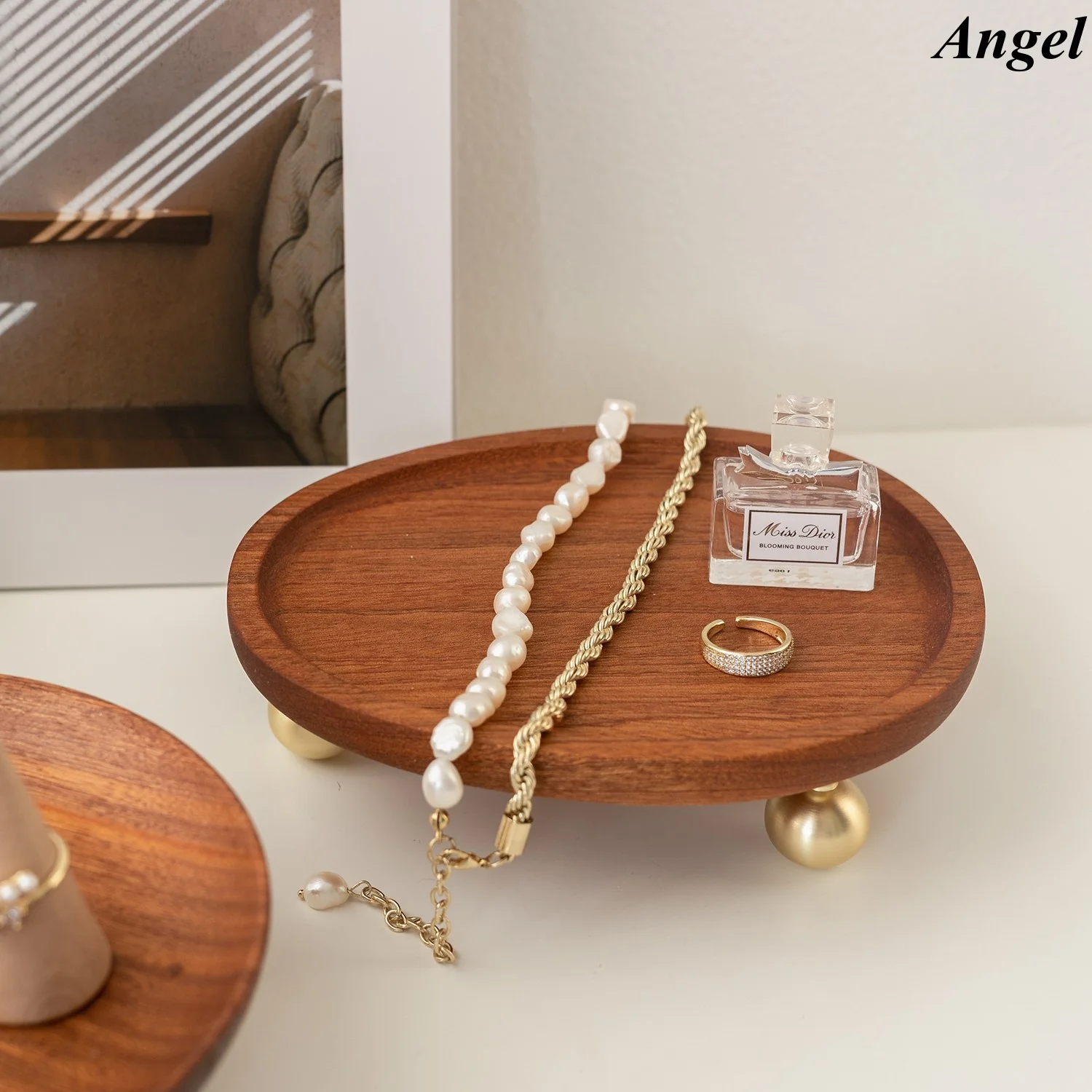 Solid Wood Ebony High-Foot Jewelry Display Tray, Elegant Ring Necklace Presentation Plate for Counter Showcase Photo Prop