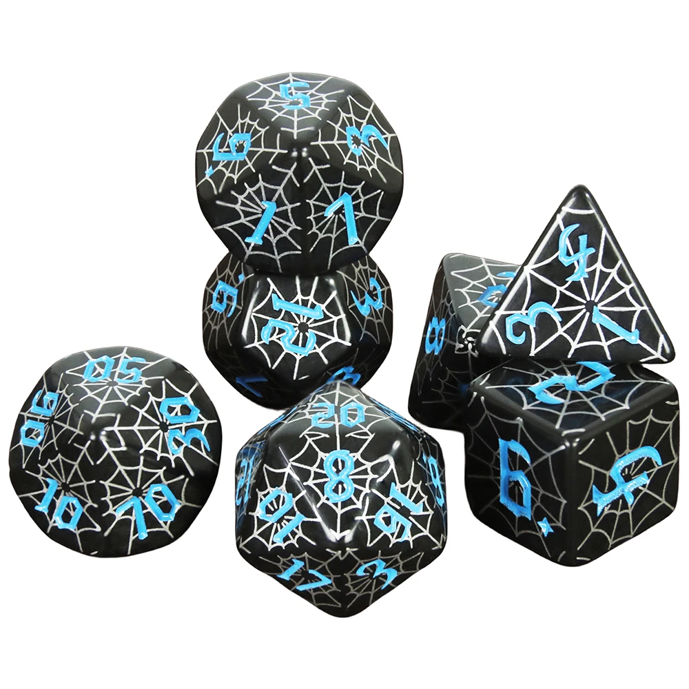 7pcs/set Polyhedral Game Dice with Vivid Silvery Spider Web Pattern Easy and Durable To Roll for DND RPG Tabletop Games