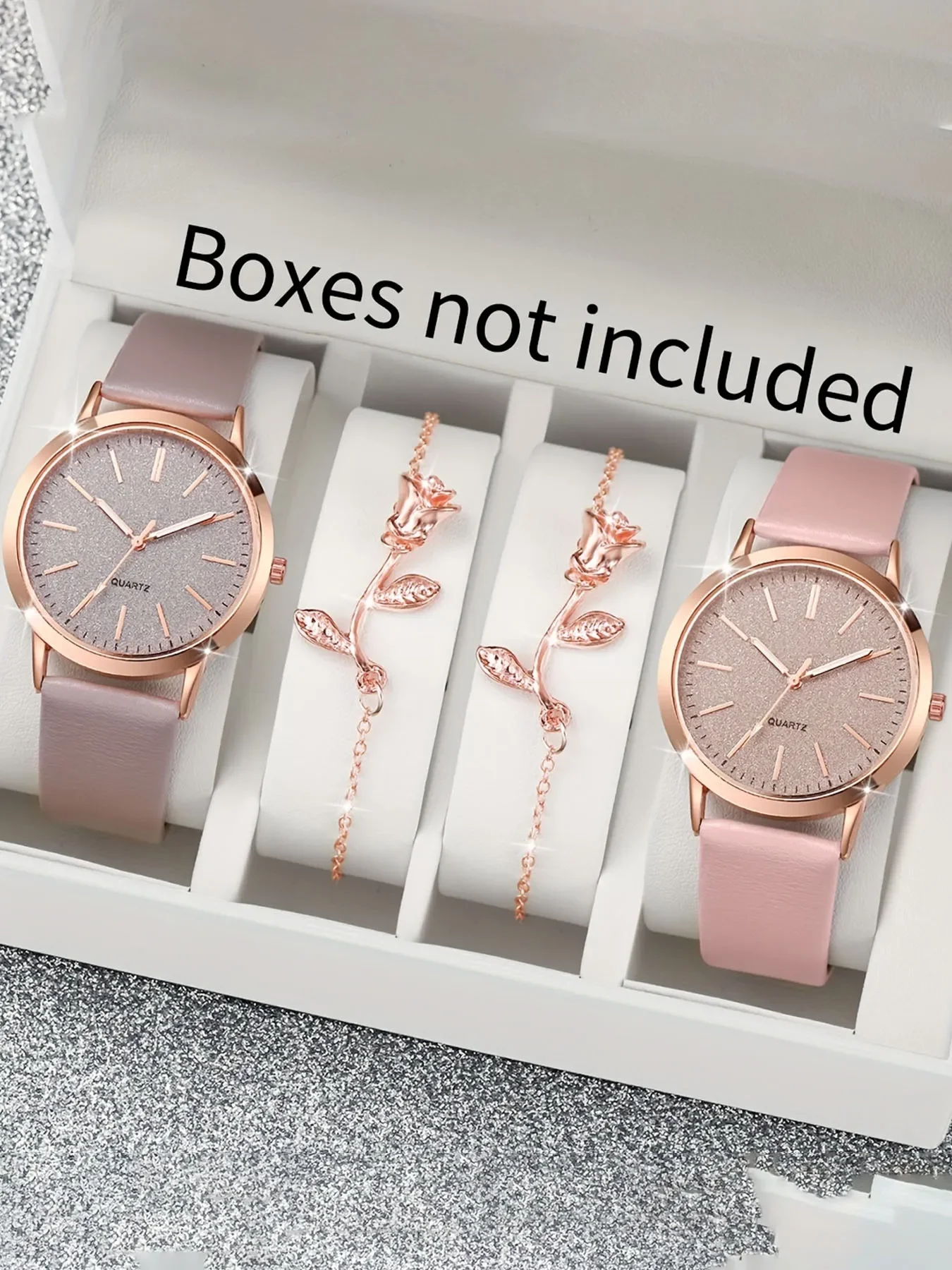 4PCS/Set Korean Women's Watch Fashion Versatile Leather Strap Grey Pink Twin Watch with Rose Bracelet