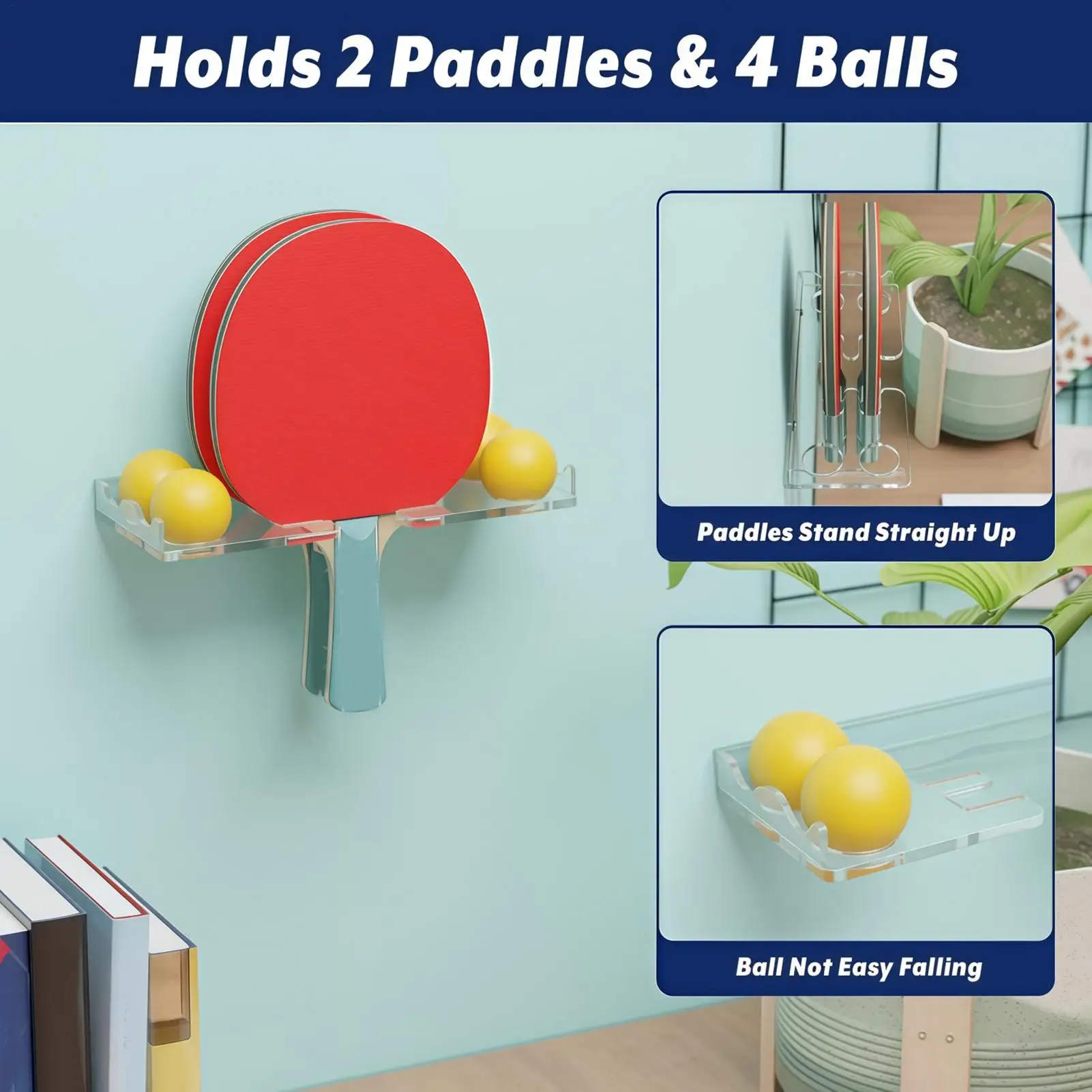 Table Tennis Holder Shatterproof Heavy-Duty Secure Acrylic Storage Sports Ball Paddle Holder Shelf For Garage Office Club Gym