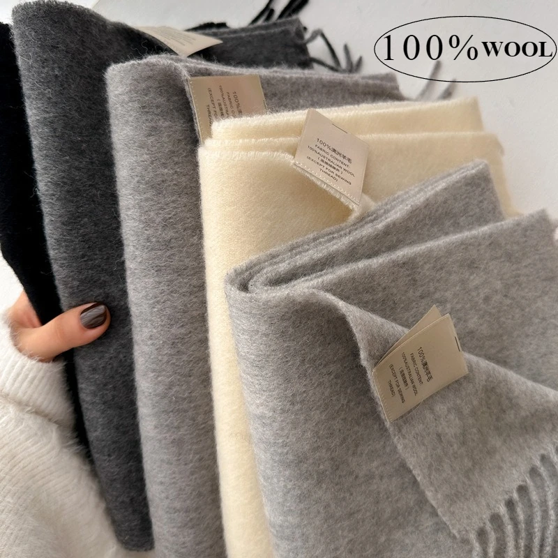 

Women 100% Pure Wool Scarf for Winter Solid Color Warm Skin Friendly Scarf Female Soft Luxury Versatile Fringed Wrap Wholesale