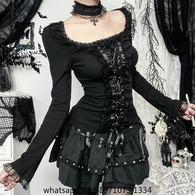 Goth Dark Elegant Fashion Lace Side Patchwork Long Sleeve Tops T-shirts Mall Gothic Bandage Blouse Slim T-shirt Women Techwear