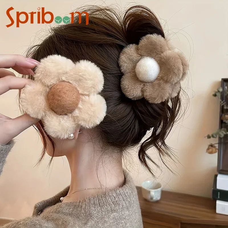 

Plush Flower Hair Claw Sweet Autumn Winter Hair Accessories Girls Shark Clip Fashion Hair Pin Korean Female Headdress