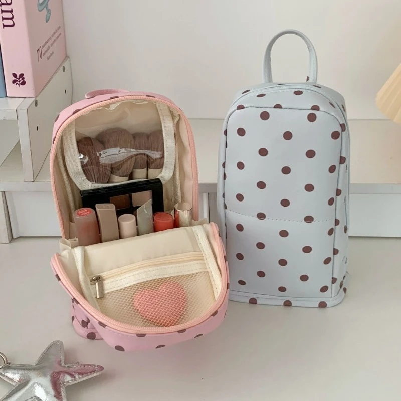 Fashion Standing Polka Dot Makeup Bag PU Waterproof Handheld Travel Toiletry Bag Multi Compartment Cosmetic Storage Organizer