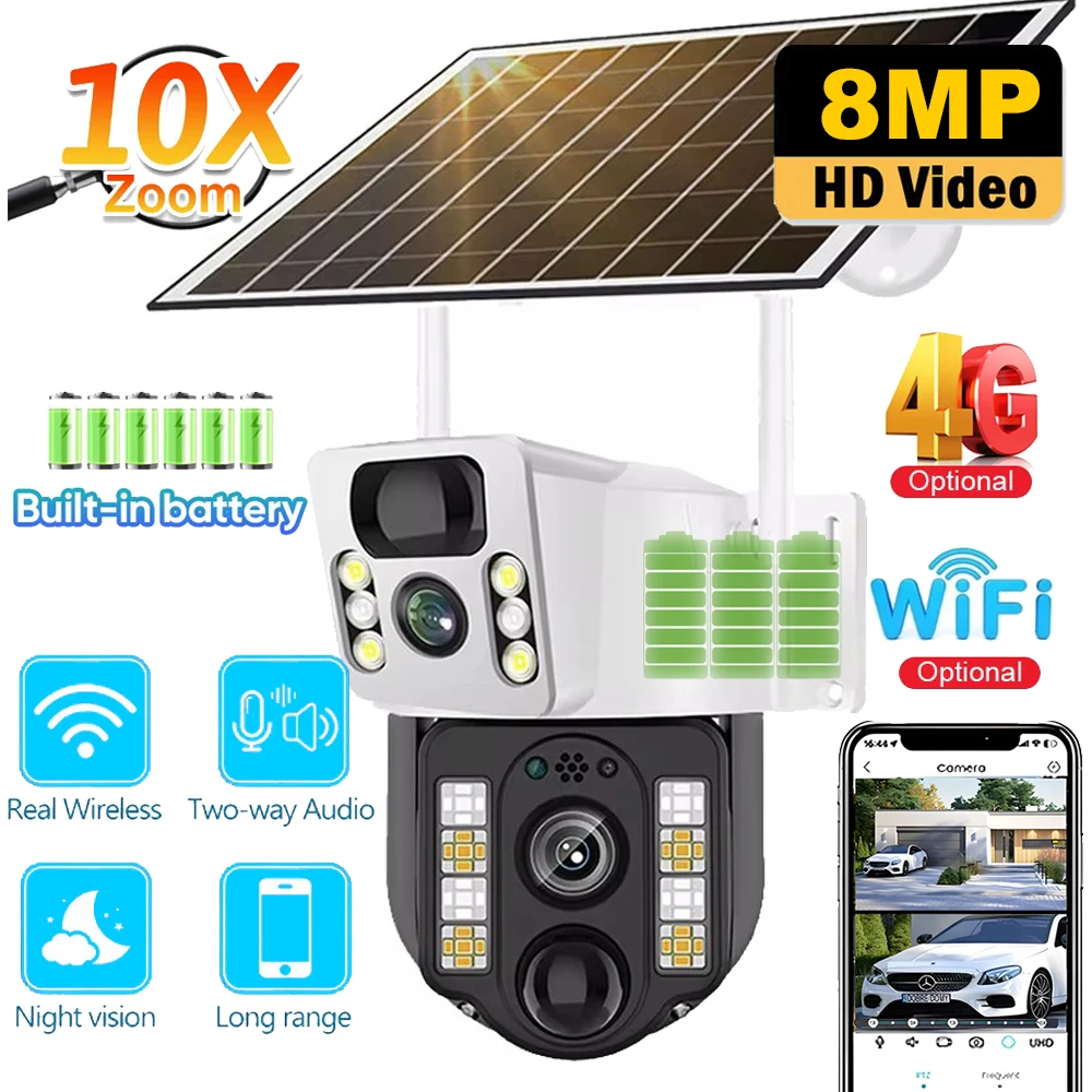 4K Solar Camera 4G SIM Card WiFi Dual Lens 8MP HD Night Vision IP CCTV Surveillance PTZ PIR Human Detection Alarm Waterproof