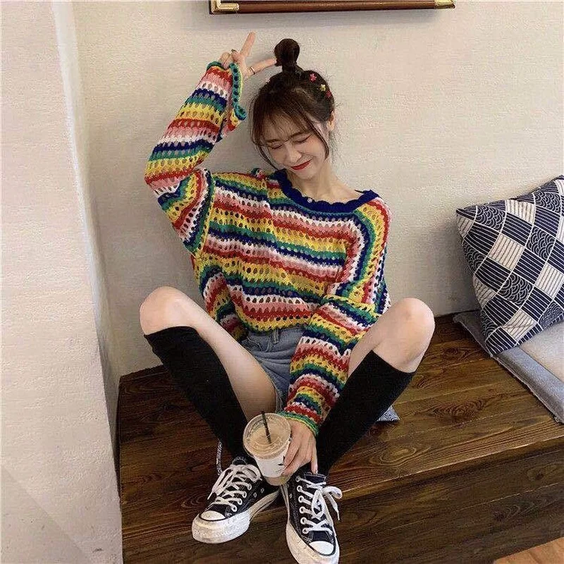 Rainbow Ladies Sweater Kawaii Tops with Headings Harajuku Crochet Knitted Sweaters for Women Cute Cashmere Autumn 2024 Trend New