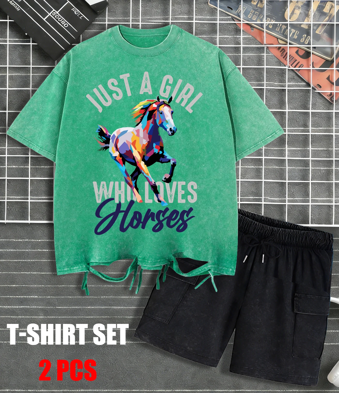 

People Who Love Horses Printing Men Washed T Shirts Summer Soft Shorts Set Trendy Crewneck Tee Loose Unisex Cotton All-Match Top