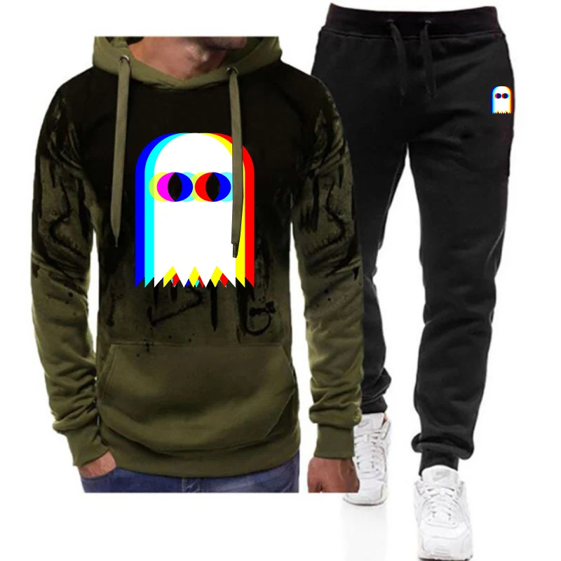 Funny Ghost Psychedelic Vaporwave Halloween EDM Music Logo Print 2025 Spring And Autumn Men's Sports Leisure Hoodies Pants Suits