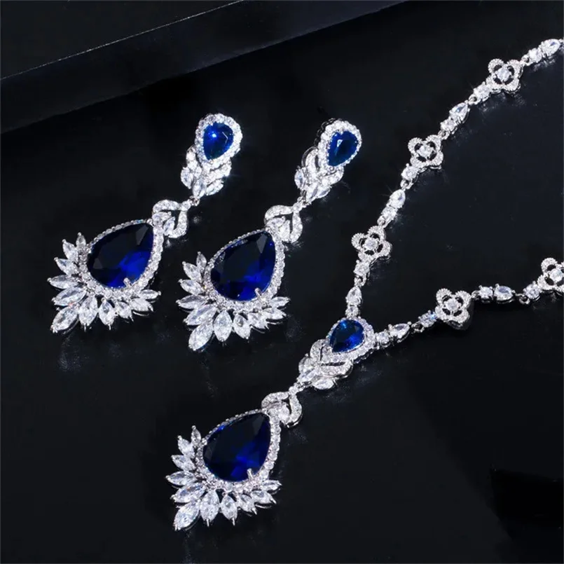 

2pcs Necklace And Earring Vintage Jewelry Sets For Women Created Sapphire Gemstone Luxury Party Fashion Accessories T0105