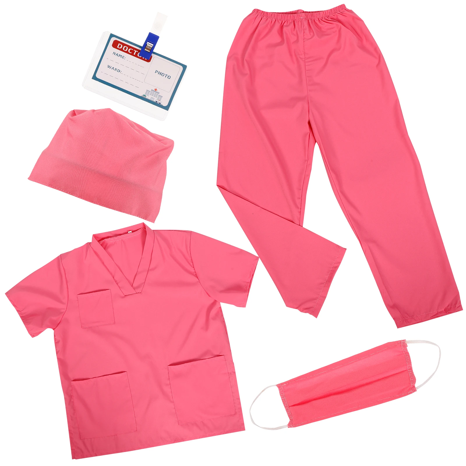 

1 set Kids Doctor Costume 150cm Pink V-neck Nurse Outfit with Accessories for Children Role-play Party Cosplay Props