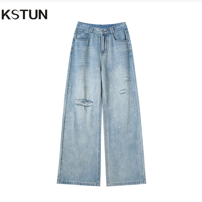 

KSTUN Distressed Jeans Pearl Beading Women Wide-leg Jeans Straight Ripped Hollow Out High Waist Womens Jeans Hip Hop Jeans Girls