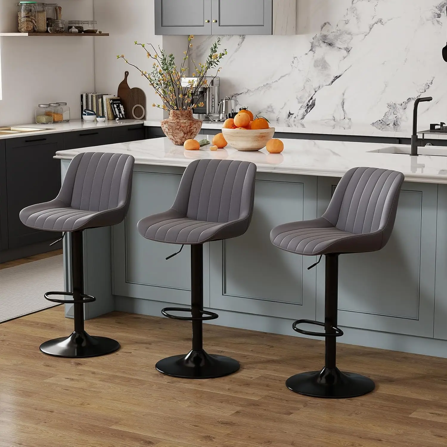 Adjustable Faux Leather Bar Stool Set of 3 Swivel Counter Height Back & Footrest Armless PU Kitchen Island Chair, Customized