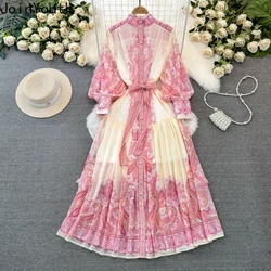 Vintage Dresses for Women Lantern Sleeve Stand Neck Print Robe Femme Slim Waist Bandage Maxi Dresses 2024 Vestidos De Mujer