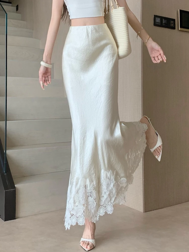 

Satin skirt women summer design sense lace hollow out splicing high waist temperamentA-line hip wrapped fishtail skirt
