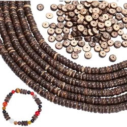 6 Strands About 528pcs Coconut Wood Nut Heishi Beads Strands 8mm Brown Heishi Spacer Beads Flat Round Coconut Shell Beads