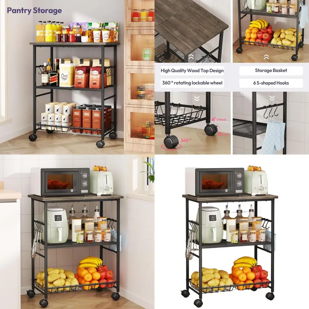 

3-Tier Microwave Cart with Storage, Rolling Kitchen Utility Stand, Organizer Shelf Rack for Home and Office