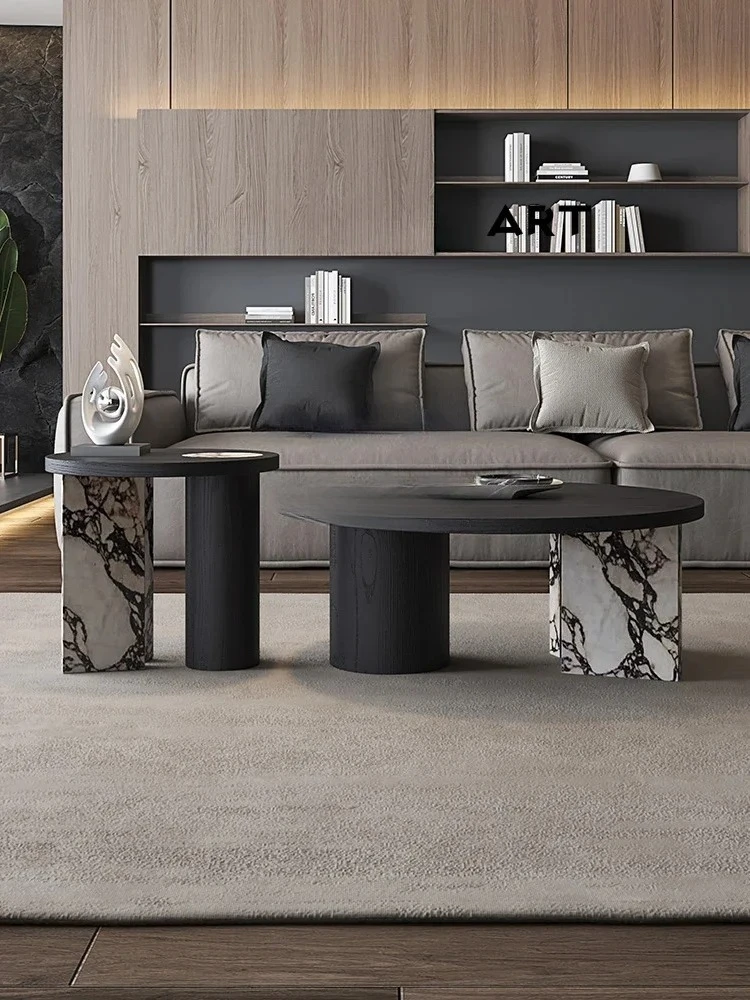Italian Minimalist Bulgari Stone Plate round Tea Table Designer High-Grade Black Solid Wood round Coffee Table  furniture