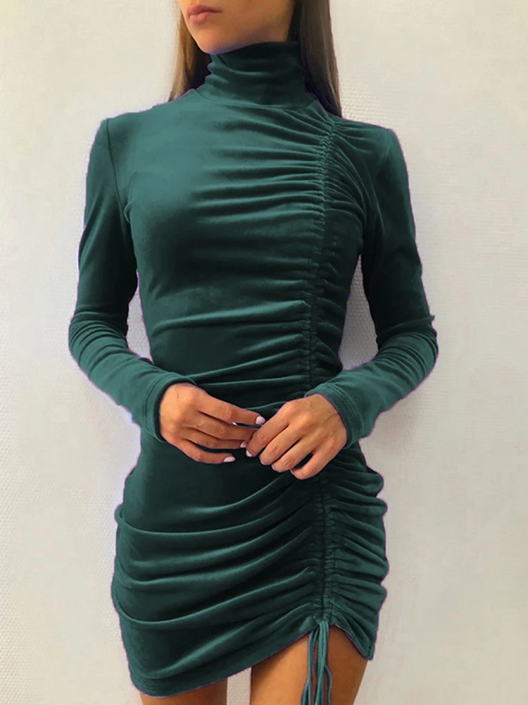 OMSJ 2024 Velvet Sexy Hot Girl Drawstring Solid Glamorous Dresses Bodycon High Waist Turtleneck Fashion Street Club Date Outfits