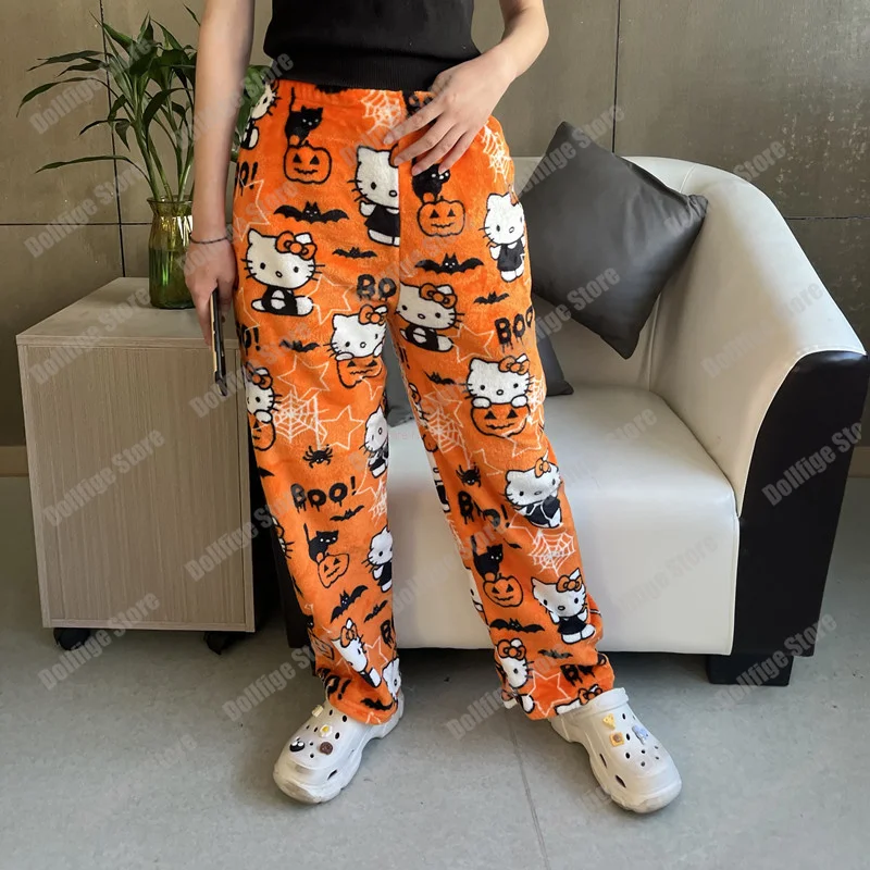 Sanrio Hello Kitty Calças de flanelasCalças femininas de lã kawaii Anime Cartoon Casual Home Pants, pijama Halloween, outono, 2023