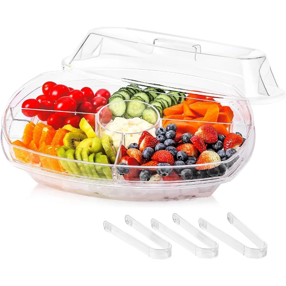 Bandeja para servir hielo de frutas, bandeja para verduras refrigerada, plato para servir cóctel de camarones, plato para servir aperitivos para fiestas, con tapa y 4