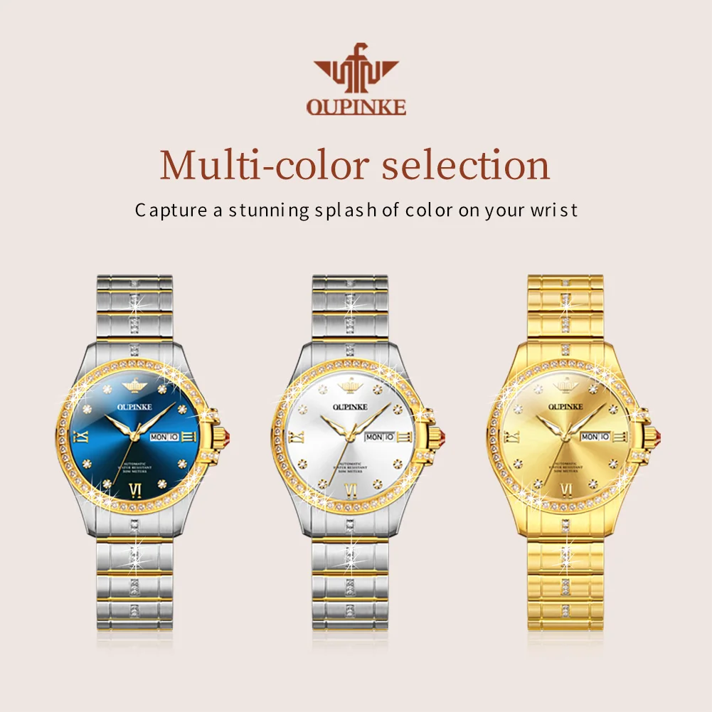 OUPINKE 3195 Women Watch Luxury Brand Imported Movement Women Diamond Watch Waterproof Double Calendar Bracelet Set Dress Watch