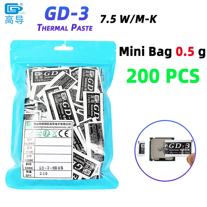Pâte thermique conductrice gris GD-3, poids net 0,5 gramme, 200 pièces, pour refroidissement CPU, GPU, PS5