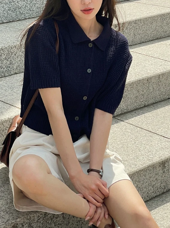 

Вязаный кардиган в японском стиле с коротким рукавом, женская модная повседневная одежда, летний прохладный дизайн с заниженной линией плеч