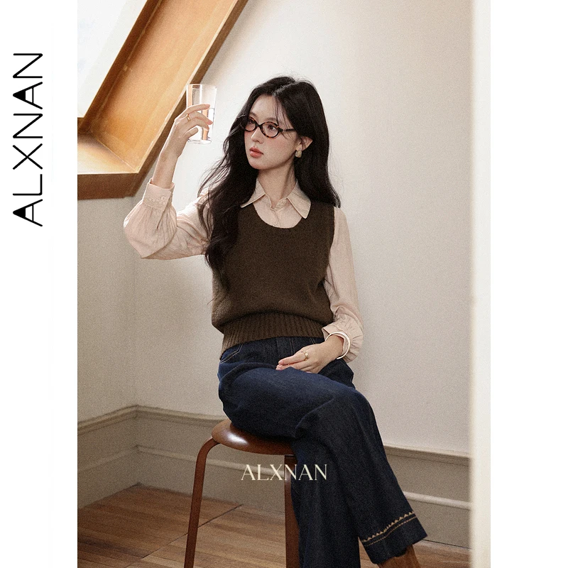 ALXNAN Dames donkerblauwe wijde jeans met hoge taille Herfstborduurwerk Zijden sjaal Rechte pijpen Losvallende casual denimbroek L57308