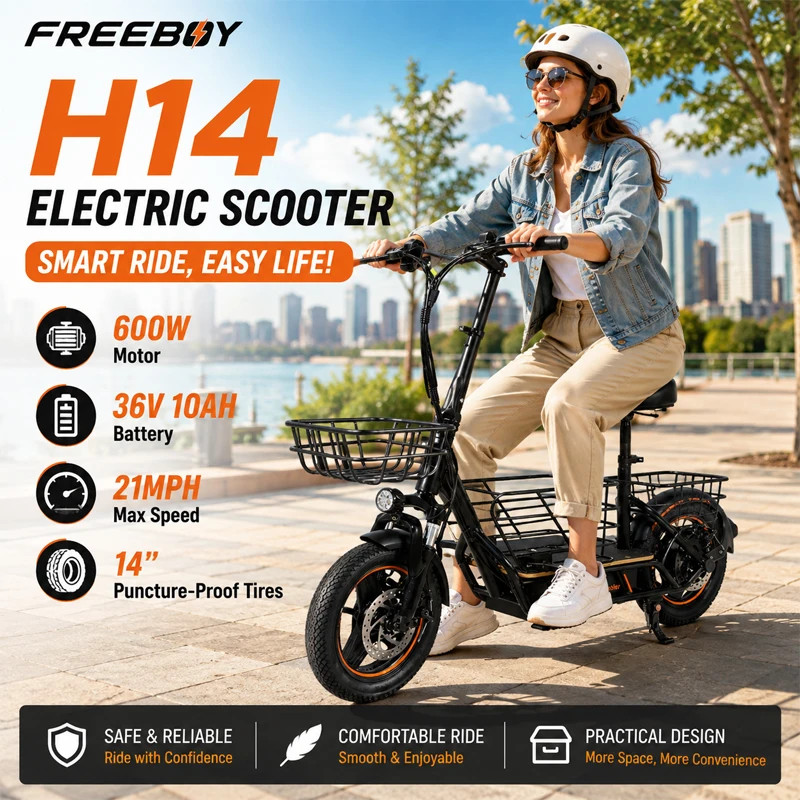 FREEBOY H14 E-Scooter for Adults 600W Motor 36V10AH Lithium Battery 21MPH Max Speed 14