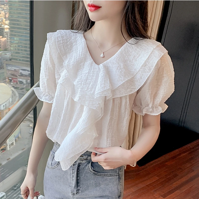 Vintage Summer Chiffon Blouses Women 2024 Elegant Korean Fashion White Ruffles Blusas Mujer Causal Loose Ladies Puff Sleeve Tops