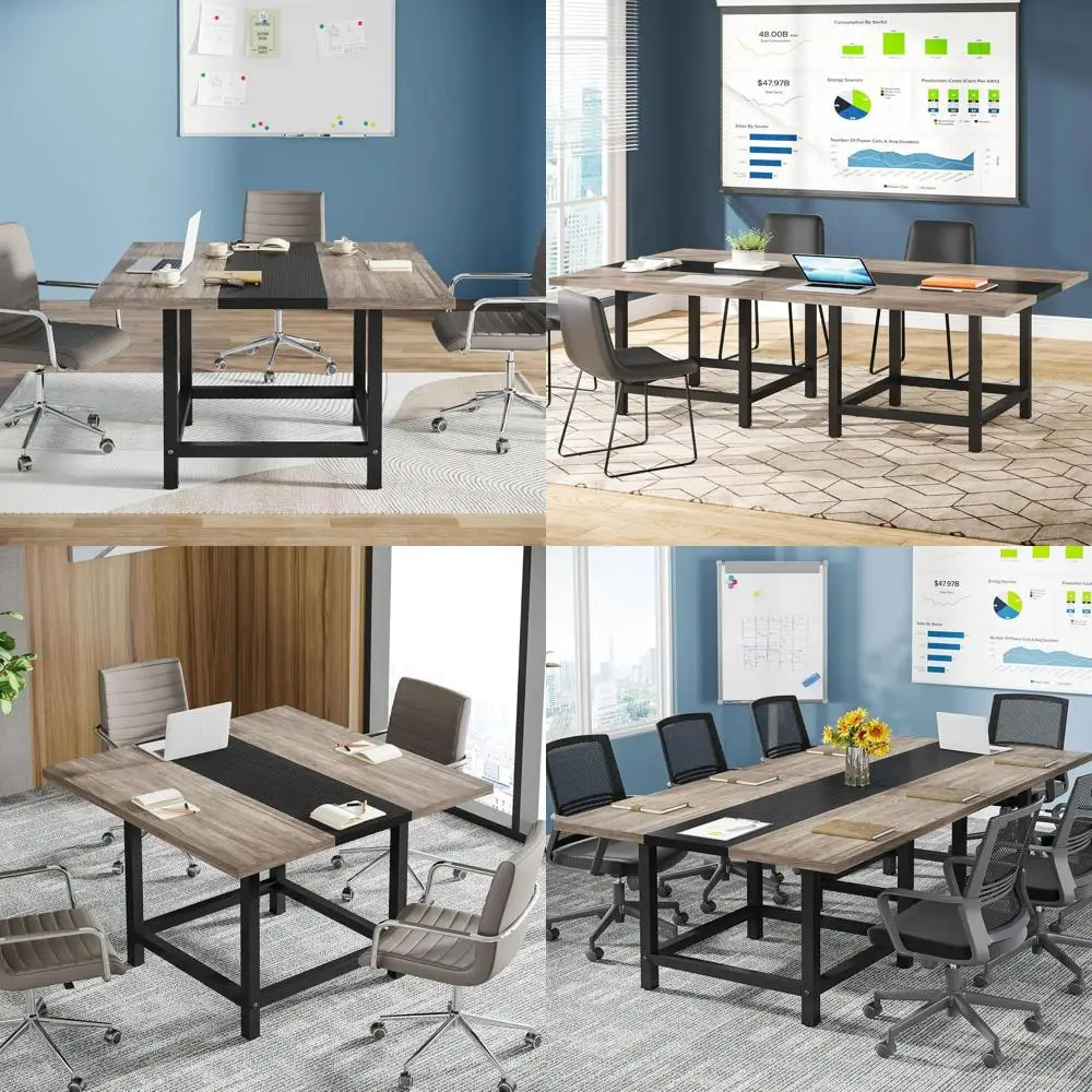 Rustic 6.5ft Wood Seminar Table, 78.74L x 39.2W x 29.52H, Set of 2 (Grey & Black)