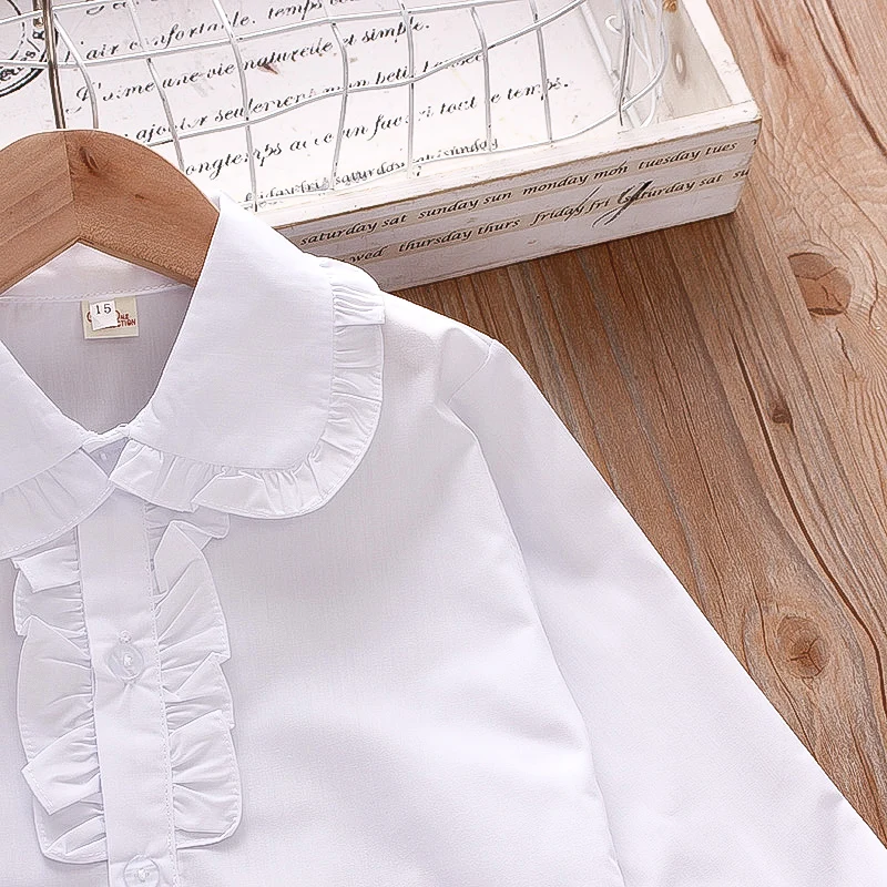 Spring and Autumn New Girls\' Shirt Long Sleeve Turn Over Face Lace Fold Buttons Pure White Long Sleeve Blouse Girl Baby