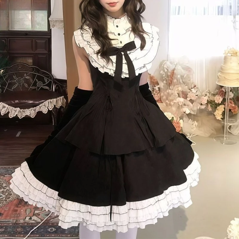 Japanese Gothic Y2k Lolita JSK Dresses Women Vintage Ruffle Collar Patchwork Dress Girl Casual Daily Sleeveless Princess Dresses